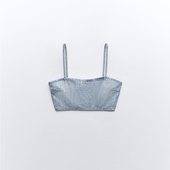 ZARA RHINESTONE TRF DENIM CROP TOP - Picture 4 of 10